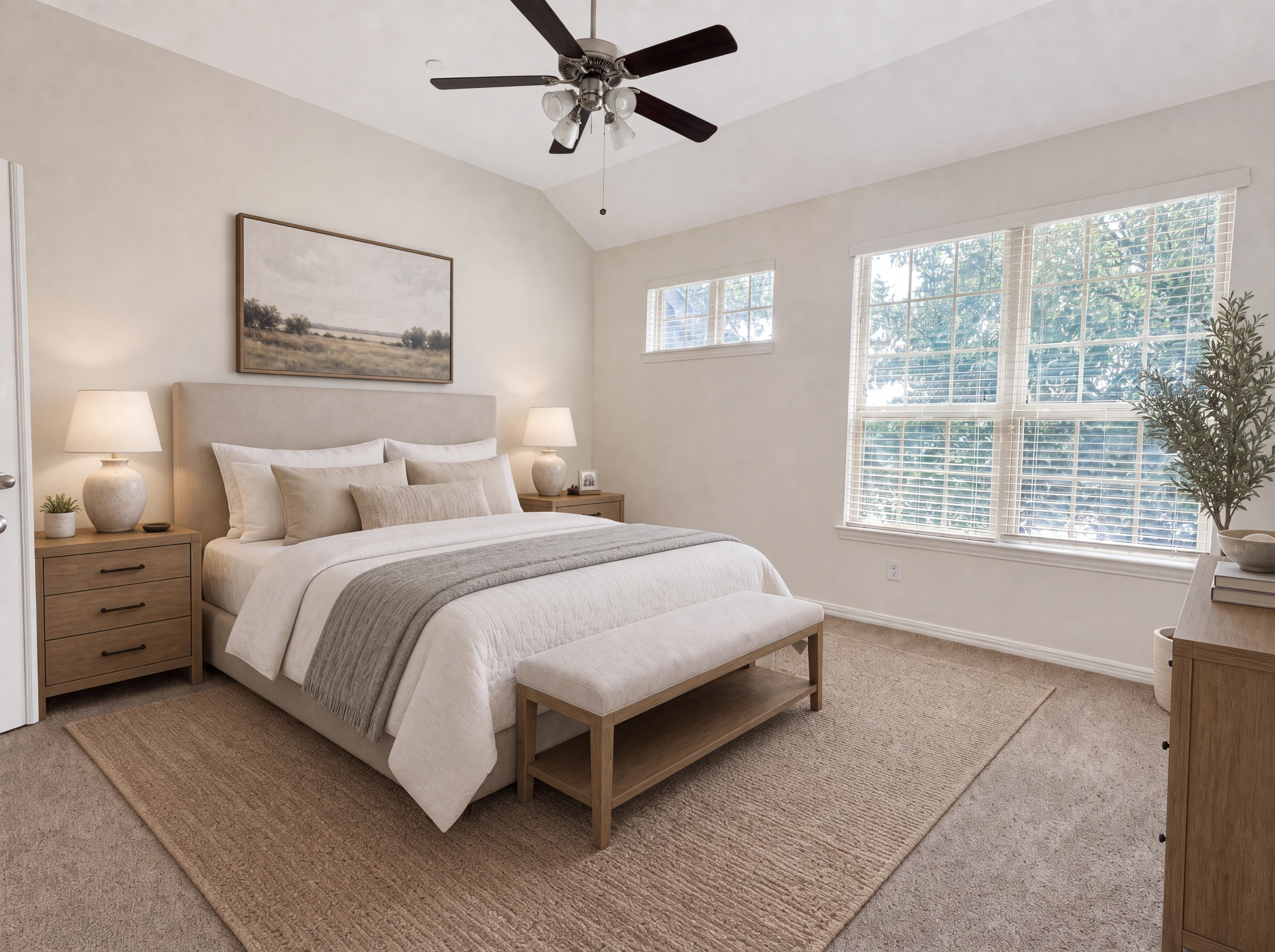 Primary bedroom under a vaulted ceiling